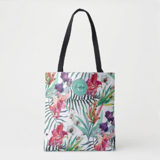 Island Style Tropical Floral Pattern and Monogram Tote Bag