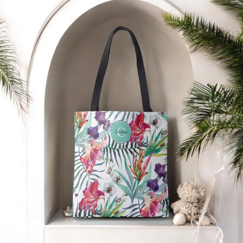 Island Style Tropical Floral Pattern and Monogram Tote Bag