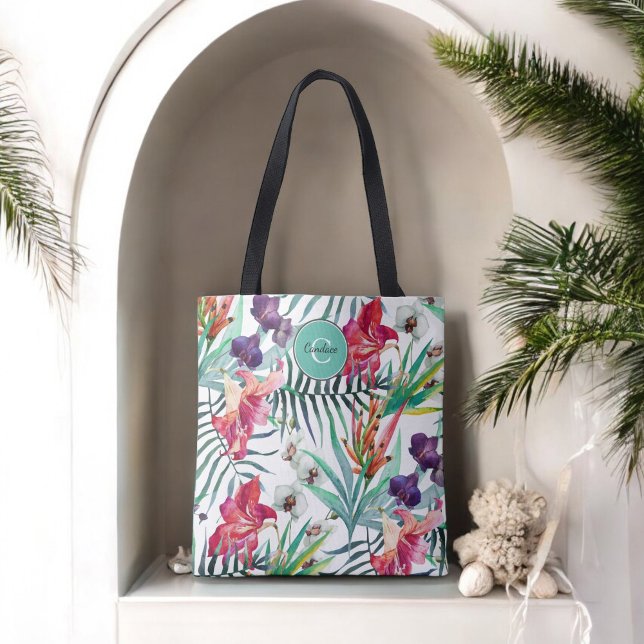 Island Style Tropical Floral Pattern and Monogram Tote Bag (Creator Uploaded)