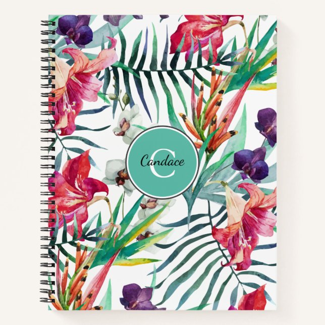 Island Style Tropical Pattern with Monogram Notebook (Front)