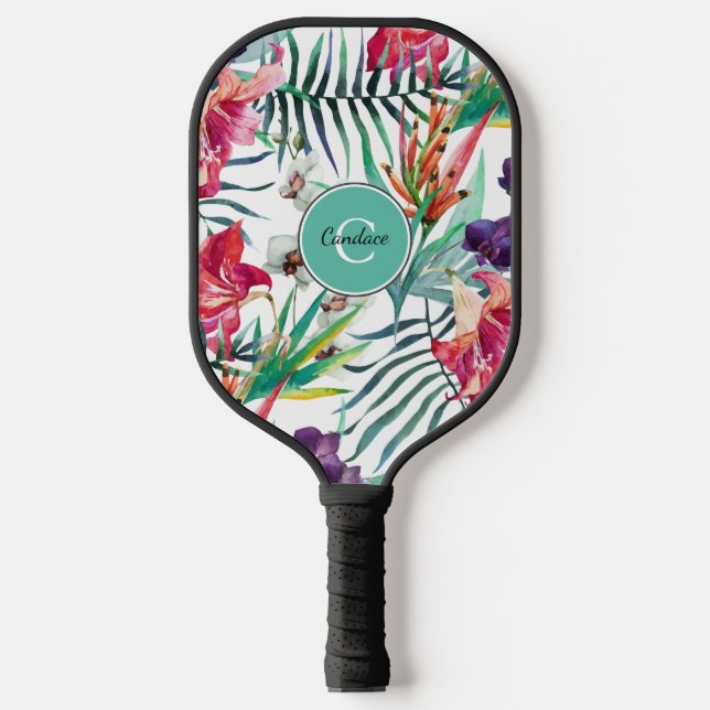 Island Style Tropical Pattern with Monogram Pickleball Paddle (Front)