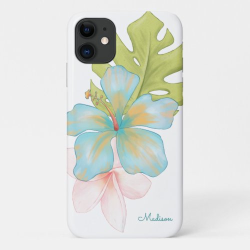 Island Style Tropical Watercolor Floral with Name iPhone 11 Case