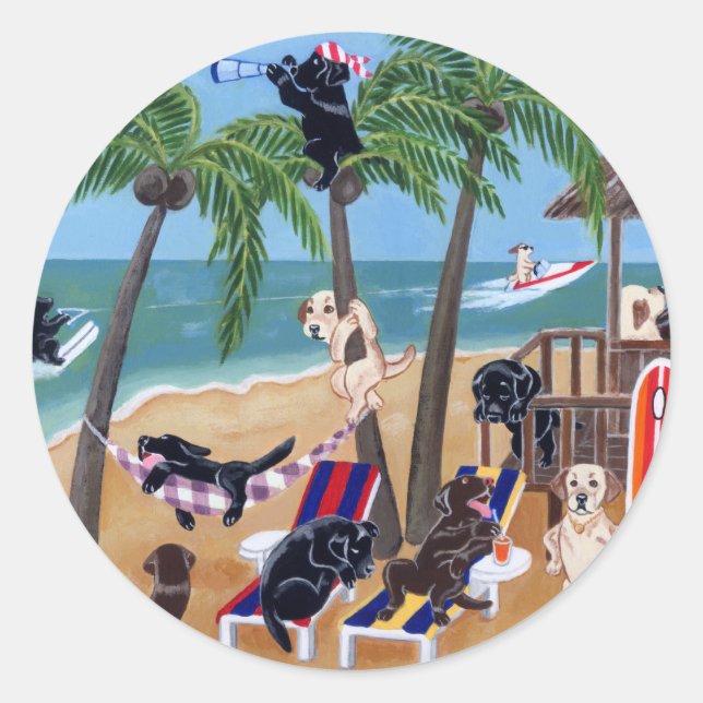 Island Summer Vacation Labradors Classic Round Sticker (Front)