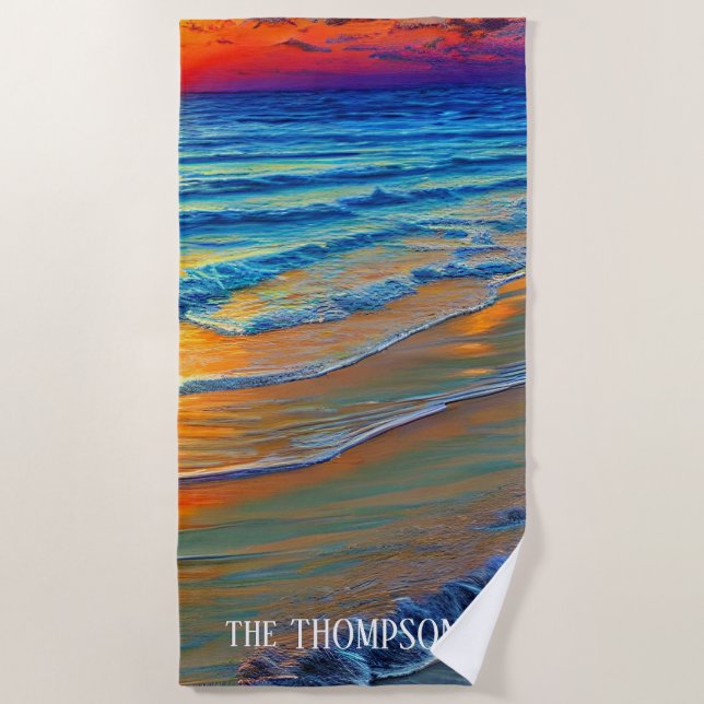 Island Sunset with Personalized Name Beach Towel (Front)