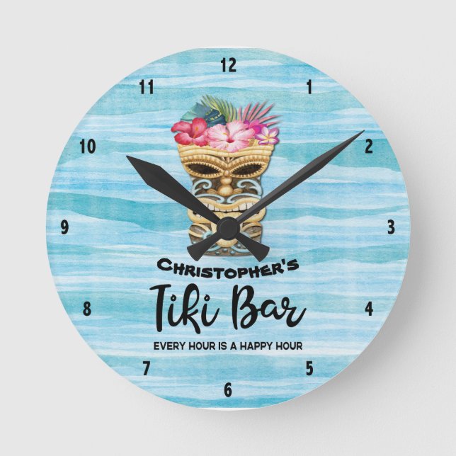 Island Tiki Bar Monogrammed Round Clock (Front)