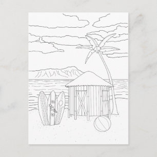 Island Tiki Hut Adult Coloring Postcard