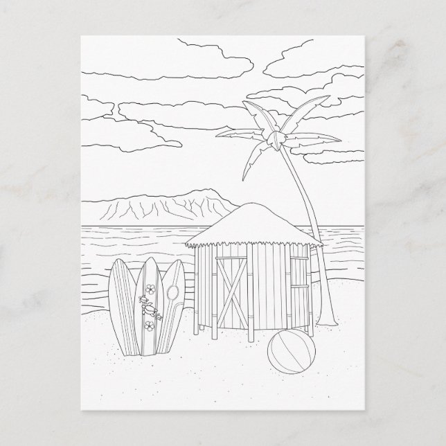 Island Tiki Hut Adult Coloring Postcard (Front)