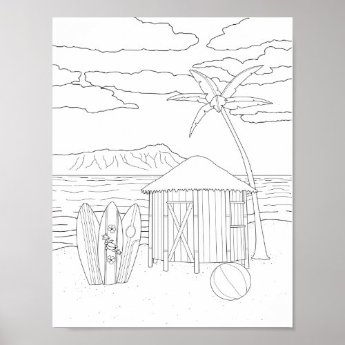 Island Tiki Hut Adult Coloring Poster