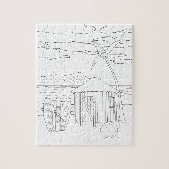 Island Tiki Hut Adult Coloring Puzzle (Vertical)