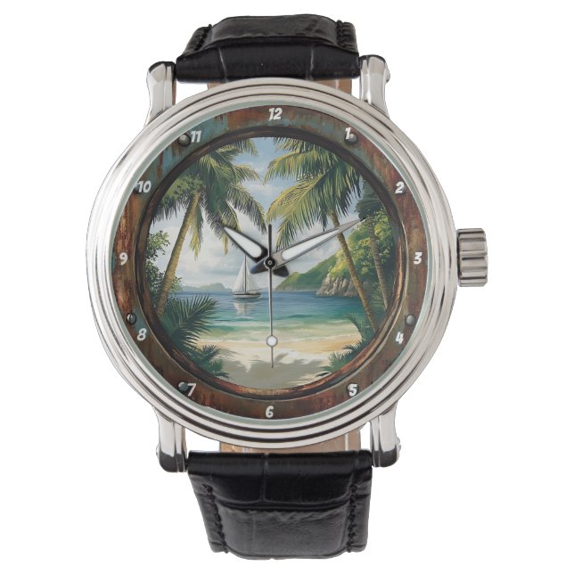 Island Time" - Nautical Window Tropical Beach Watch (Front)