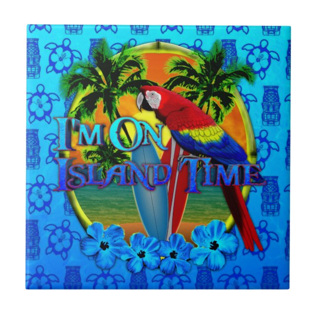 Island Time Sunset And Tikis Ceramic Tile (Front)