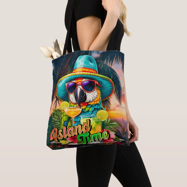 Island Time Sunset Beach Parrot Drinks Tote Bag (Close Up)