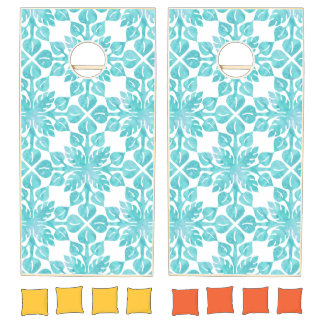 Island Vintage | Hawaiian Tropical Leaves Aqua Cornhole Set