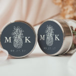 Island Vintage Pineapple Monogram Wedding Classic Round Sticker<br><div class="desc">Personalize these stickers with your initials, monogram or duogram and wedding date for a chic way to finish your wedding invitations, save the dates, favors or thank you cards. Design features a smoky gray navy blue background with ivory lettering and a vintage style pineapple illustration for a southern or tropical...</div>