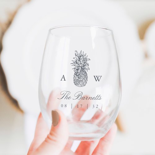 Island Vintage Pineapple Wedding Monogram Stemless Wine Glass