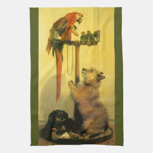 Islay, Tilco, a Macaw and Love Birds by Landseer Kitchen Towel (Vertical)