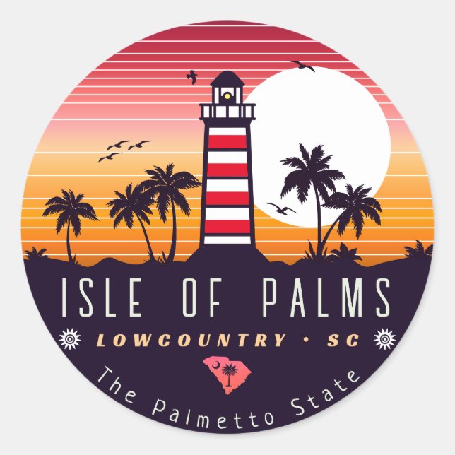 Isle of Palms lighthouse SC Retro Sunset Souvenirs Classic Round Sticker (Front)