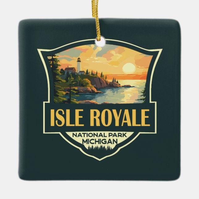 Isle Royale National Park Illustration Retro Badge Ceramic Ornament (Front)