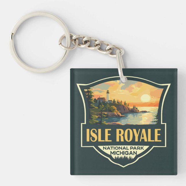 Isle Royale National Park Illustration Retro Badge Keychain (Front)