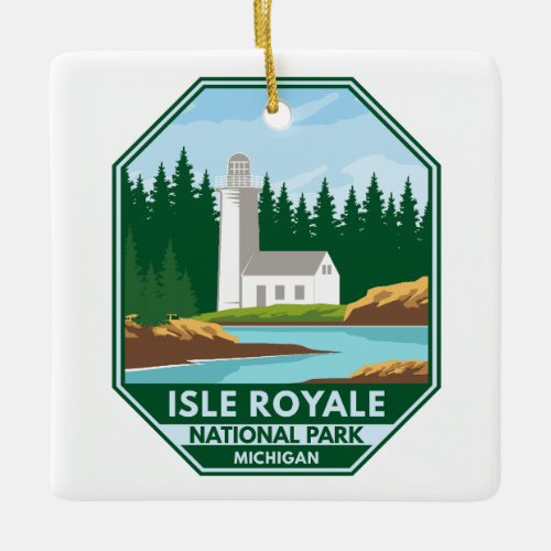 Isle Royale National Park Lighthouse Retro Emblem Ceramic Ornament