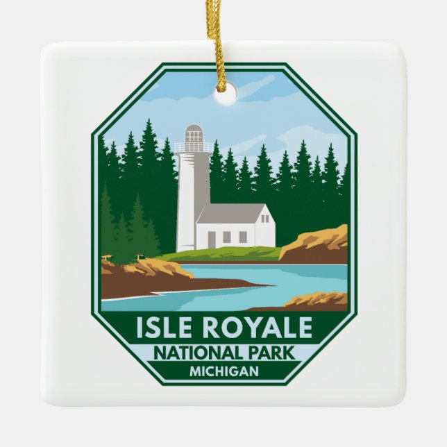 Isle Royale National Park Lighthouse Retro Emblem Ceramic Ornament (Front)