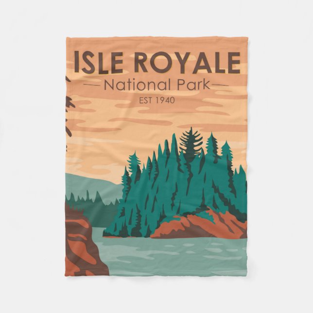 Isle Royale National Park Michigan Vintage Fleece Blanket (Front)