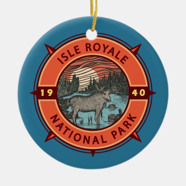 Isle Royale National Park Moose Retro Compass Ceramic Ornament (Front)