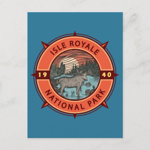 Isle Royale National Park Moose Retro Compass Postcard