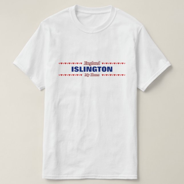 ISLINGTON - My Home - England; Red & Pink Hearts T-Shirt (Design Front)