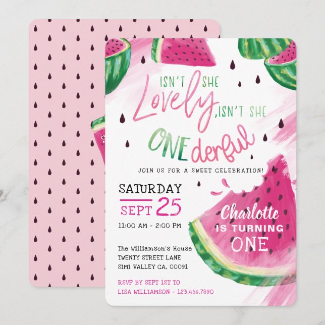 Isn't She Lovely Onederful Pink Watermelon Fruit Invitation (Front/Back)