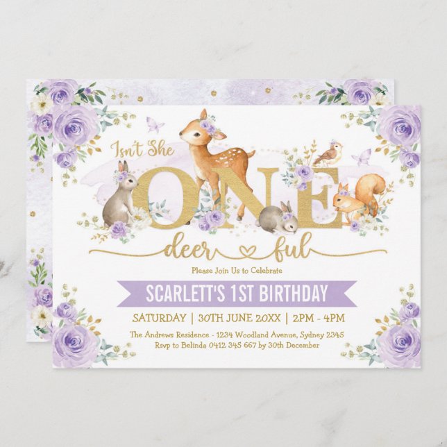 Isn't She ONE-deer-ful Lilac Woodland 1st Birthday Invitation (Front/Back)