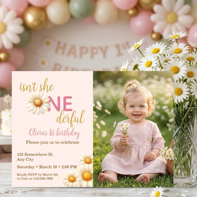Isn't She One-derful 1st Birthday Daisy Photo Invitation (Isn't She One-derful 1st Birthday Daisy Photo Invitation)