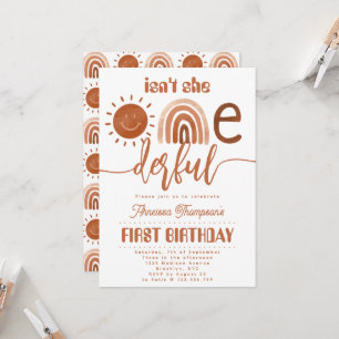 Isn't she Onederful Boho Rainbow Sunshine Birthday Invitation