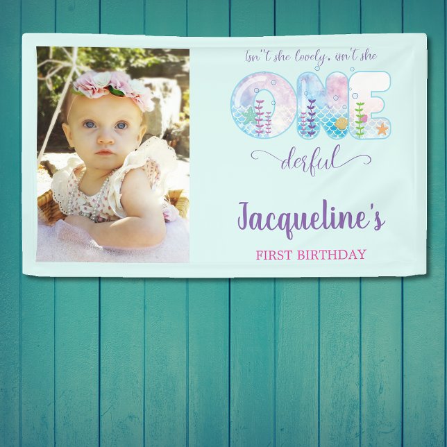 Isn't She ONEderful Girls 1st Birthday Party Banner (Isn't She ONEderful girls blue 1st birthday party wall banner.)