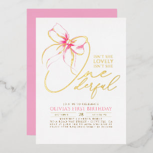 Isn't She Onederful Pink Bow Elegant 1st Birthday Foil Invitation
