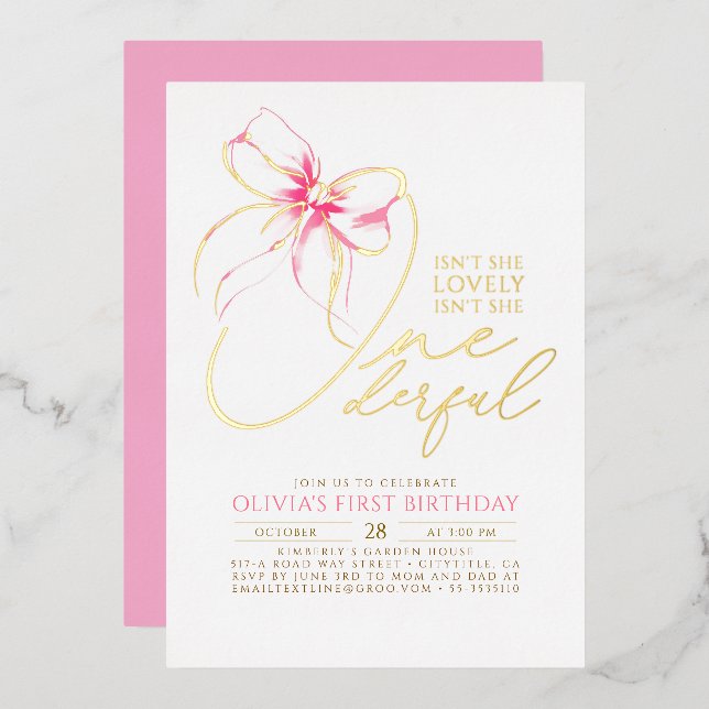Isn't She Onederful Pink Bow Elegant 1st Birthday Foil Invitation (Front/Back)