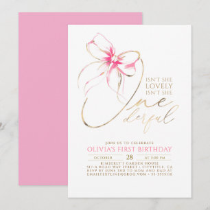 Isn't She Onederful Pink Bow Elegant 1st Birthday Invitation