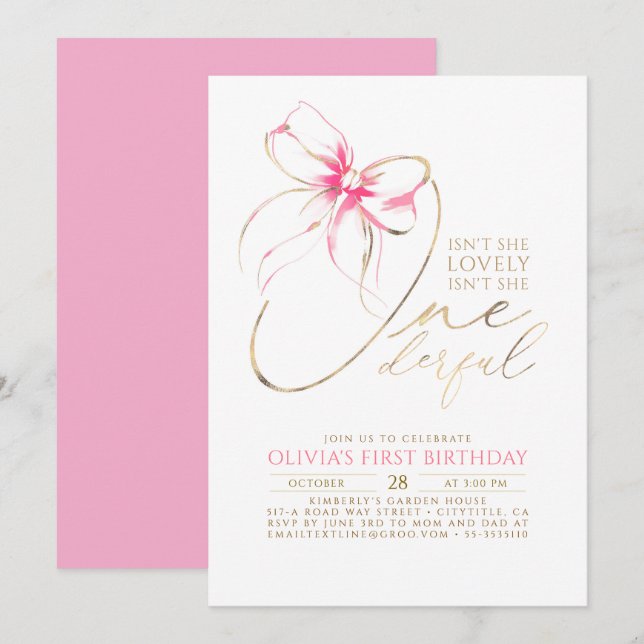 Isn't She Onederful Pink Bow Elegant 1st Birthday Invitation (Front/Back)