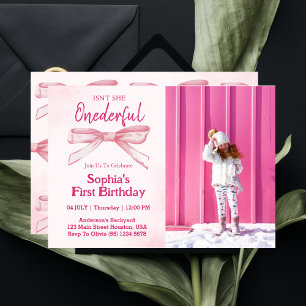 Isn't She ONEderful Pink Bow Girl 1st Birthday Invitation