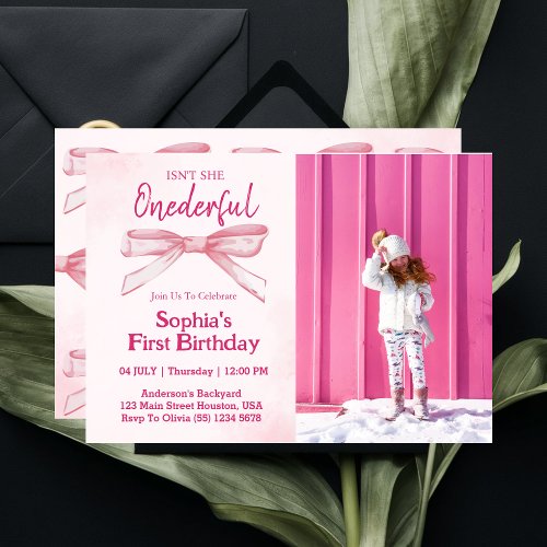 Isnt She ONEderful Pink Bow Girl 1st Birthday  Invitation