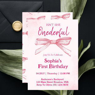 Isn't She ONEderful Pink Bow Girl 1st Birthday Invitation