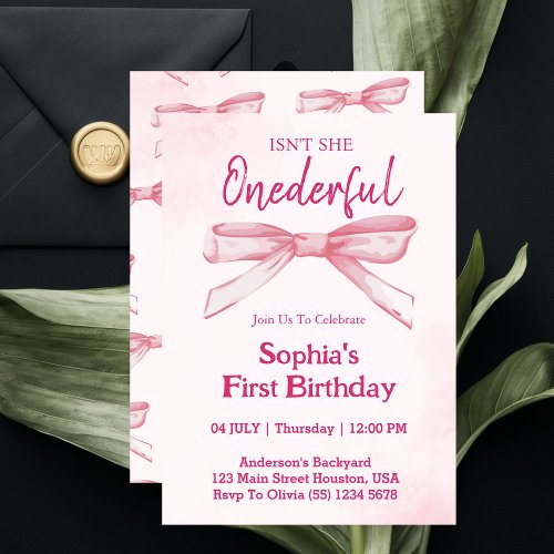 Isnt She ONEderful Pink Bow Girl 1st Birthday  Invitation