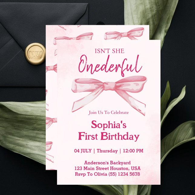 Isn't She ONEderful Pink Bow Girl 1st Birthday  Invitation (Creator Uploaded)