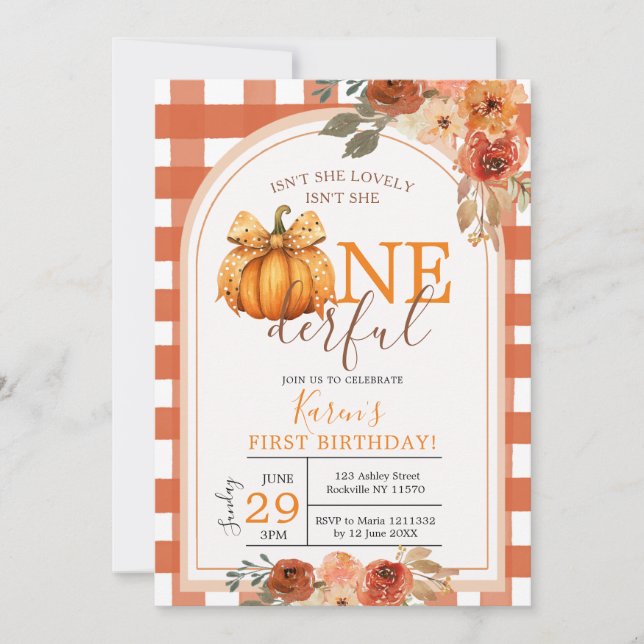 Isn't She Onederful Pumpkin Orange Gingham Invitation (Front)