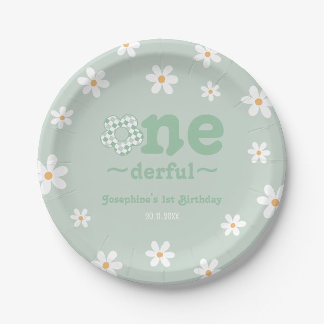 Isn't She Onederful Retro Floral Sage Birthday Paper Plates (Front)