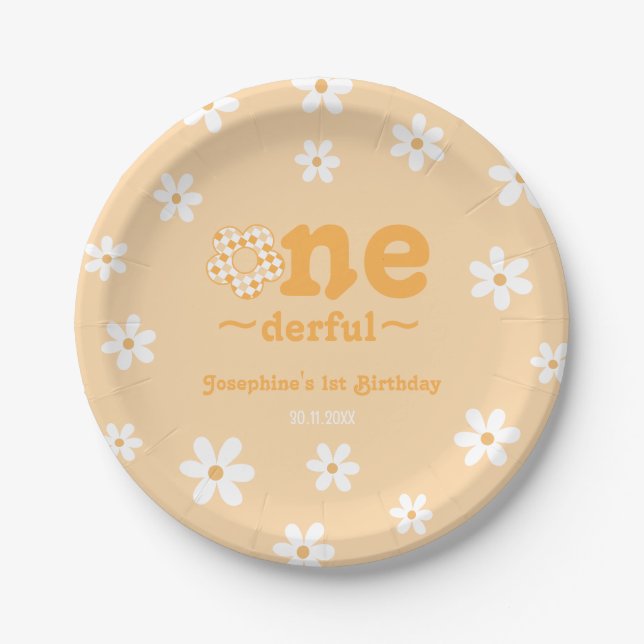 Isn't She Onederful Retro Groovy Floral Birthday Paper Plates (Front)