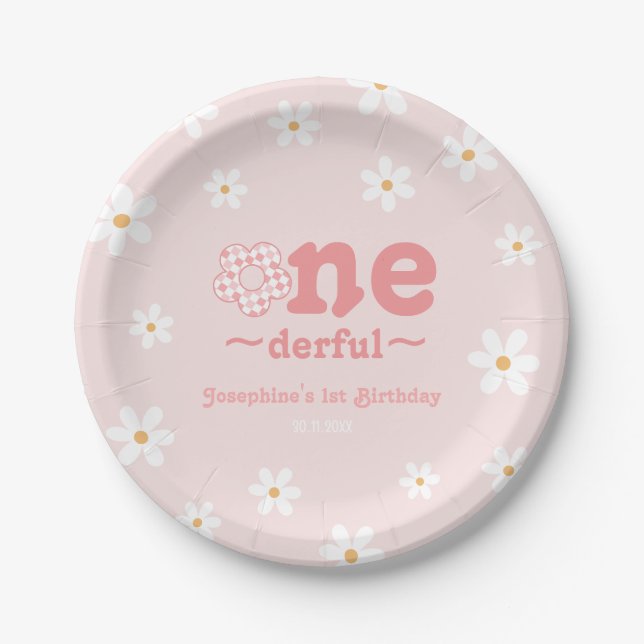 Isn't She Onederful Retro Groovy Flower Birthday Paper Plates (Front)