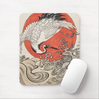 Isoda Koryusai Crane Waves and rising sun Mouse Pad