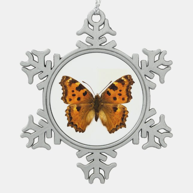 Isolated Blackleg Tortoiseshel butterfly Postcard  Snowflake Pewter Christmas Ornament (Front)