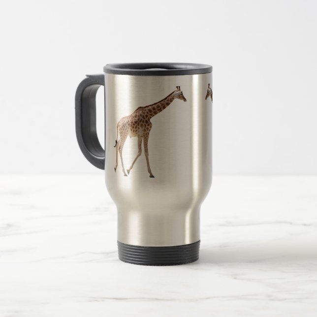 Isolated giraffe walking travel mug (Front Left)